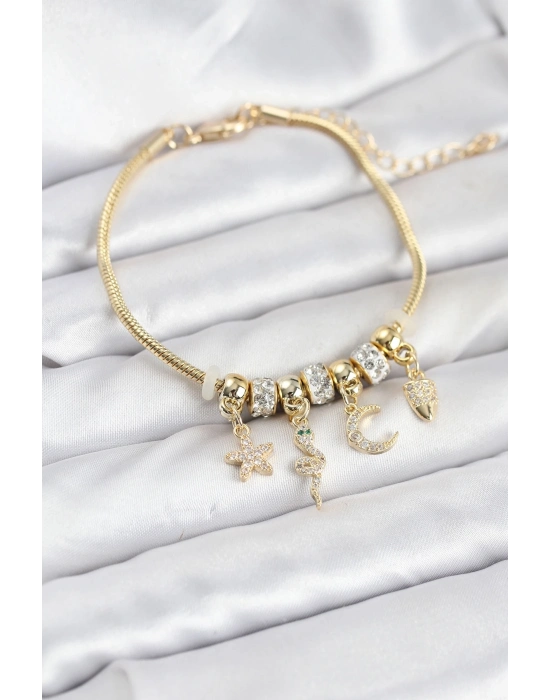 ® Pirinç Gold Renk Yılan Charmlı Kadın Bileklik