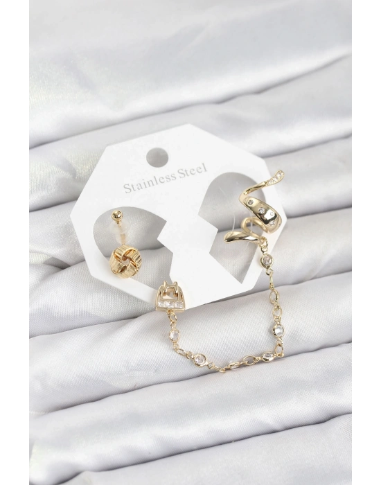 ® Pirinç Gold Renk Yılan Model Zincir Bağlantılı Ear Cuff Küpe Seti
