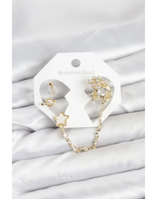 ® Pirinç Gold Renk Yıldız Model Zincir Bağlantılı Ear Cuff Küpe Seti