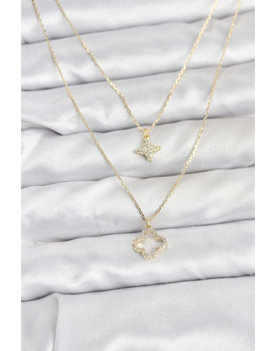 ® Pirinç Gold Renk Yonca Model 2li Kadın Kolye