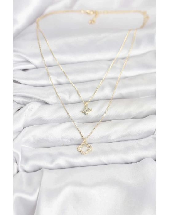 ® Pirinç Gold Renk Yonca Model 2li Kadın Kolye