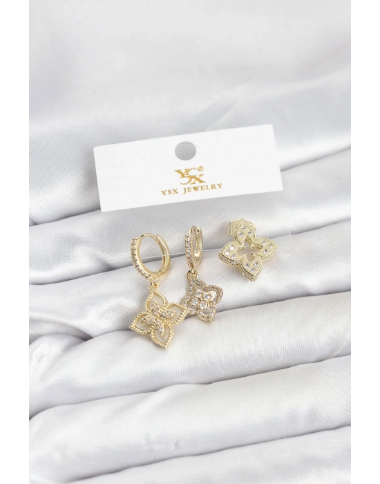 ® Pirinç Gold Renk Yonca Model YSX Trio Küpe Seti