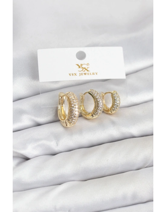 ® Pirinç Gold Renk Zirkon Taşlı Halka Model YSX Trio Küpe Seti
