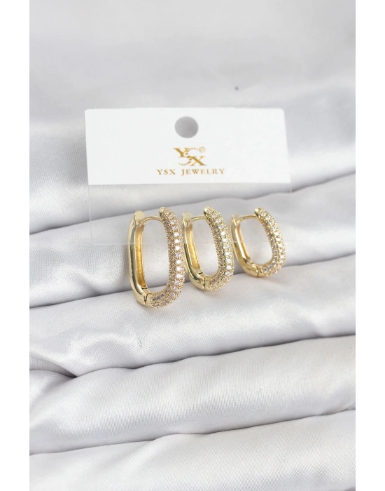 ® Pirinç Gold Renk Zirkon Taşlı Halka Model YSX Trio Küpe Seti