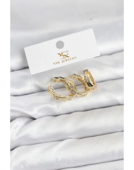 ® Pirinç Gold Renk Zirkon Taşlı Halka Yılan Model YSX Trio Küpe Seti