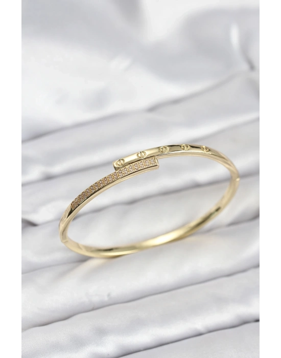 ® Pirinç Gold Renk Zirkon Taşlı Kadın Kelepçe Bileklik