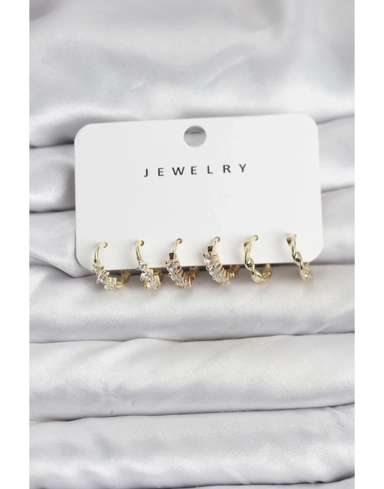 ® Pirinç Gold Renk Zirkon Taşlı Kadın Küpe Seti