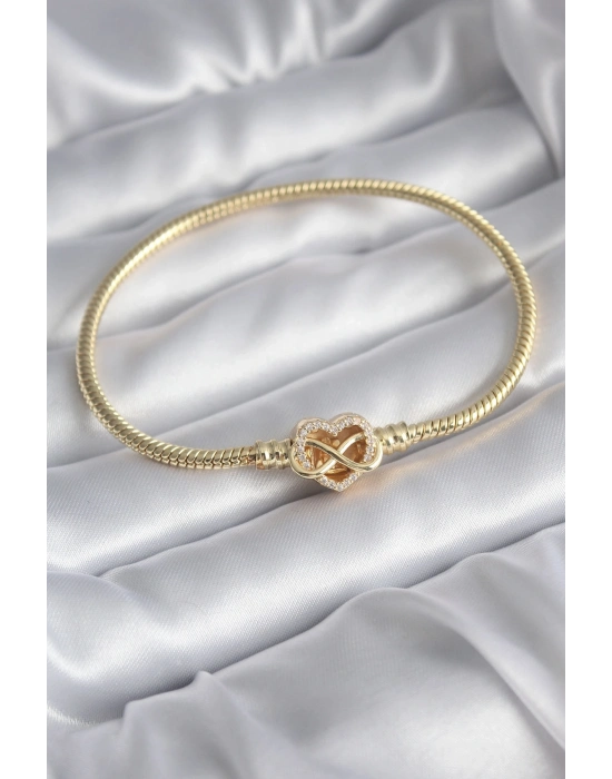 ® Pirinç Gold Renk Zirkon Taşlı Kalp Sonsuzluk Model Charm Kadın Bileklik