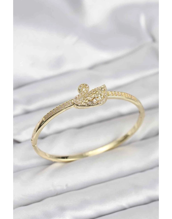 ® Pirinç Gold Renk Zirkon Taşlı Kuğu Model Kadın Kelepçe Bileklik