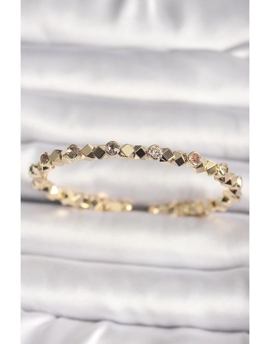 ® Pirinç Gold Renk Zirkon Taşlı Küp Dorika Model Kadın Bileklik