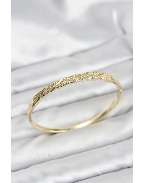 ® Pirinç Gold Renk Zirkon Taşlı Model Kadın Kelepçe Bileklik