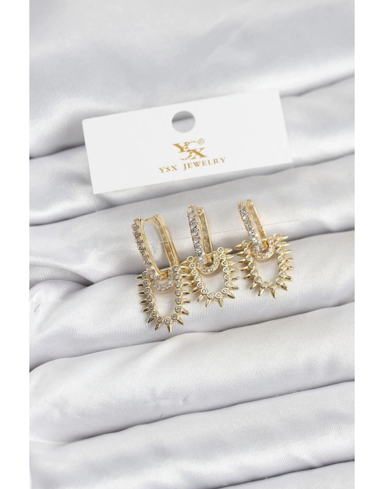 ® Pirinç Gold Renk Zirkon Taşlı Vintage Model YSX Trio Küpe Seti