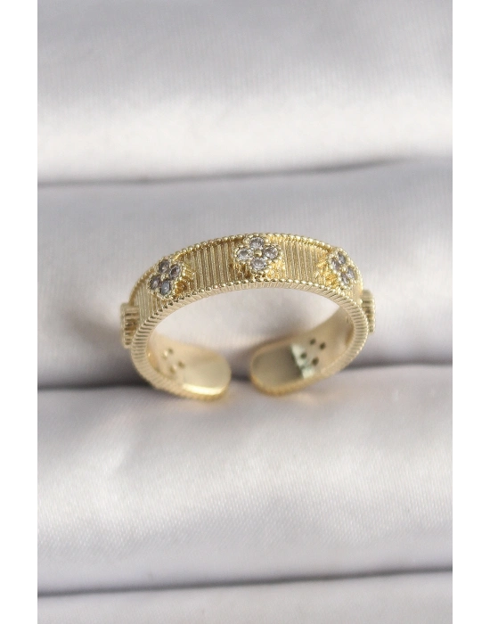® Pirinç Gold Renk Zirkon Taşlı Yonca İşlemeli Ayarlanabilir Yüzük