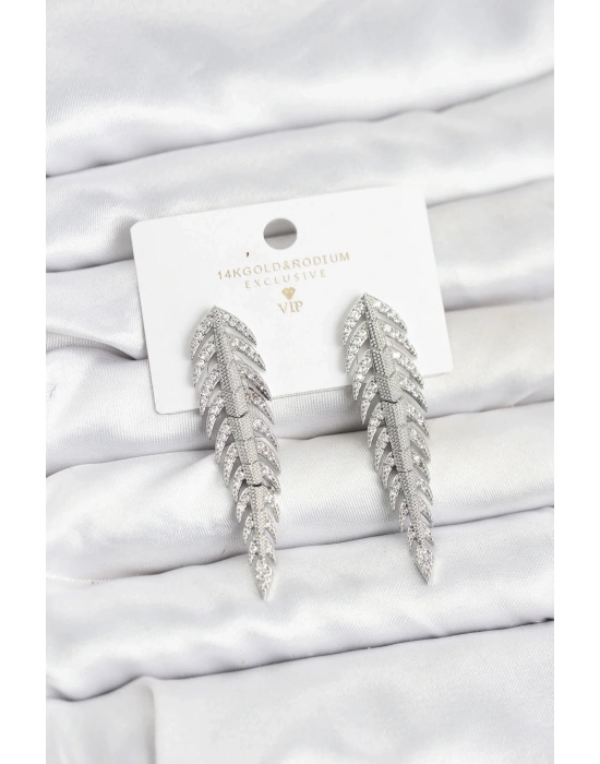 ® Pirinç Gümüş Renk Balık Sırtı Model Zirkon Taşlı Kadın Küpe