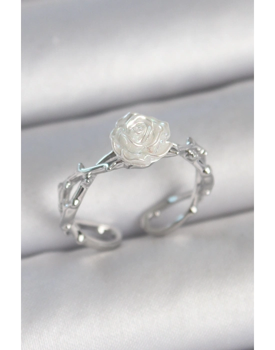 ® Pirinç Gümüş Renk Beyaz Gül Model Ayarlanabilir Kadın Yüzük