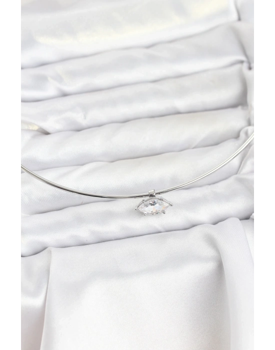 ® Pirinç Gümüş Renk Choker Model Zirkon Taşlı Kadın Kolye