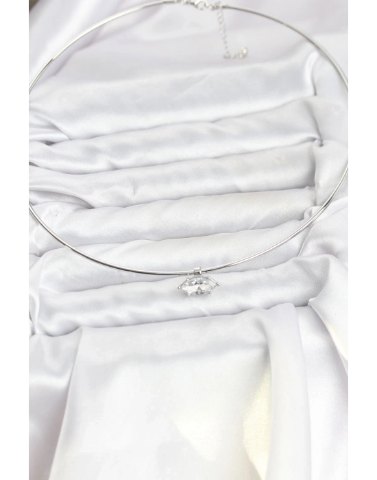 ® Pirinç Gümüş Renk Choker Model Zirkon Taşlı Kadın Kolye