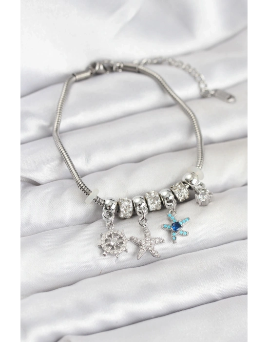 ® Pirinç Gümüş Renk Deniz Tema Charmlı Kadın Bileklik