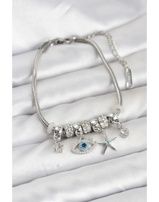 ® Pirinç Gümüş Renk Göz Model Charmlı Kadın Bileklik