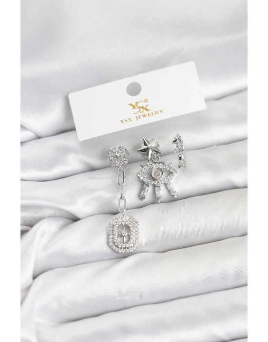® Pirinç Gümüş Renk Göz ve Kutup Yıldızı Model YSX Trio Küpe Seti