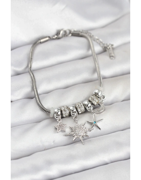 ® Pirinç Gümüş Renk Güneş Tema Charmlı Kadın Bileklik