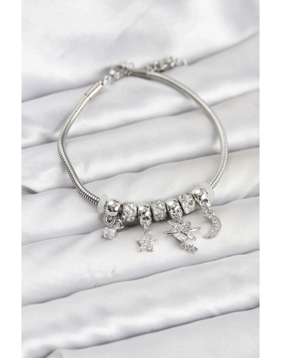 ® Pirinç Gümüş Renk Kalpli Model Charmlı Kadın Bileklik