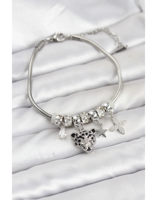 ® Pirinç Gümüş Renk Kaplan Model Charmlı Kadın Bileklik