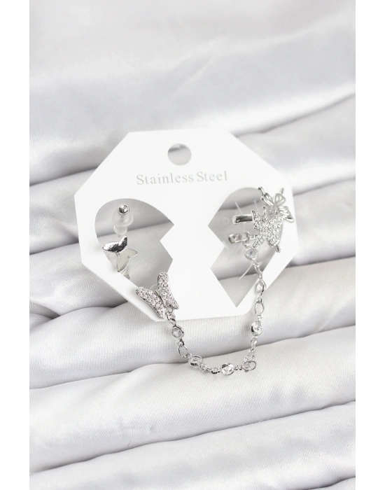 ® Pirinç Gümüş Renk Kelebek Model Zincir Bağlantılı Ear Cuff Küpe Seti