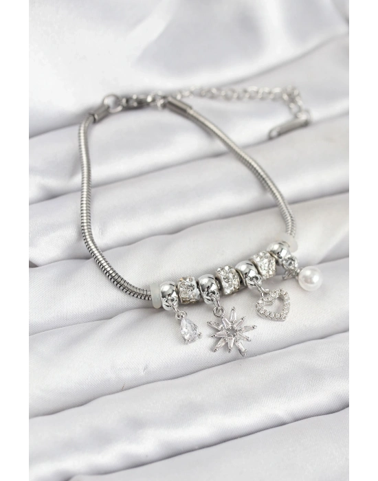 ® Pirinç Gümüş Renk Kutup Yıldızı ve Kalp Charmlı Kadın Bileklik