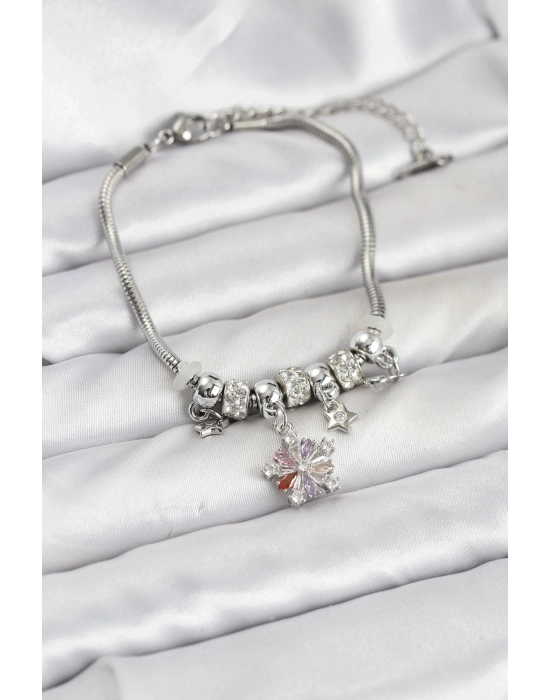 ® Pirinç Gümüş Renk Renkli Yıldız Charmlı Kadın Bileklik