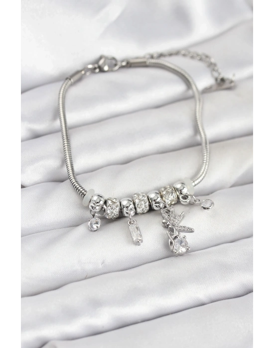 ® Pirinç Gümüş Renk Tinkerbell Charmlı Kadın Bileklik