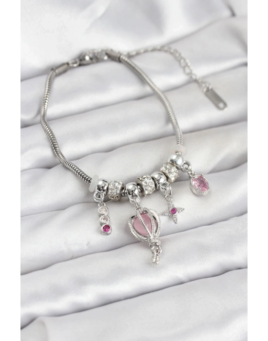 ® Pirinç Gümüş Renk Uçan Balon Charmlı Kadın Bileklik