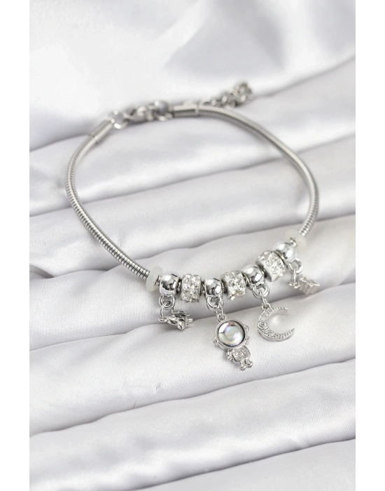® Pirinç Gümüş Renk Uzay Tema Charmlı Kadın Bileklik