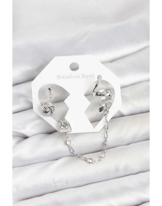® Pirinç Gümüş Renk Yılan Model Zincir Bağlantılı Ear Cuff Küpe Seti