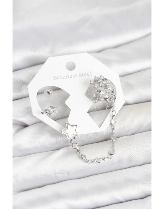 ® Pirinç Gümüş Renk Yıldız Model Zincir Bağlantılı Ear Cuff Küpe Seti