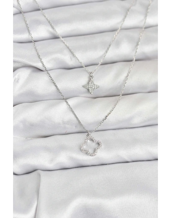 ® Pirinç Gümüş Renk Yonca Model 2li Kadın Kolye