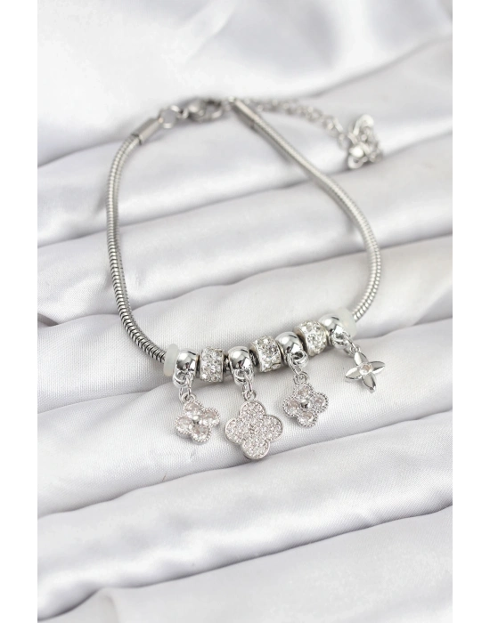 ® Pirinç Gümüş Renk Yonca Model Kadın Bileklik