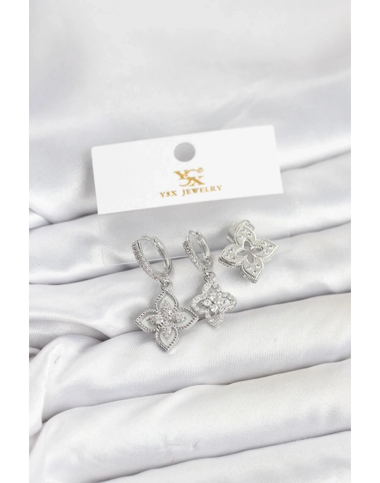 ® Pirinç Gümüş Renk Yonca Model YSX Trio Küpe Seti