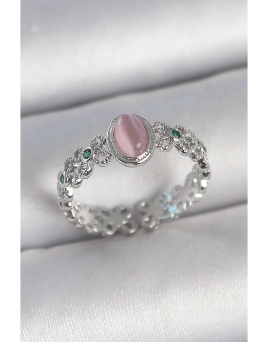 ® Pirinç Gümüş Renk Zirkon Taş Detaylı Pembe Mineli Damla Model Ayarlanabilir Kadın Yüzük