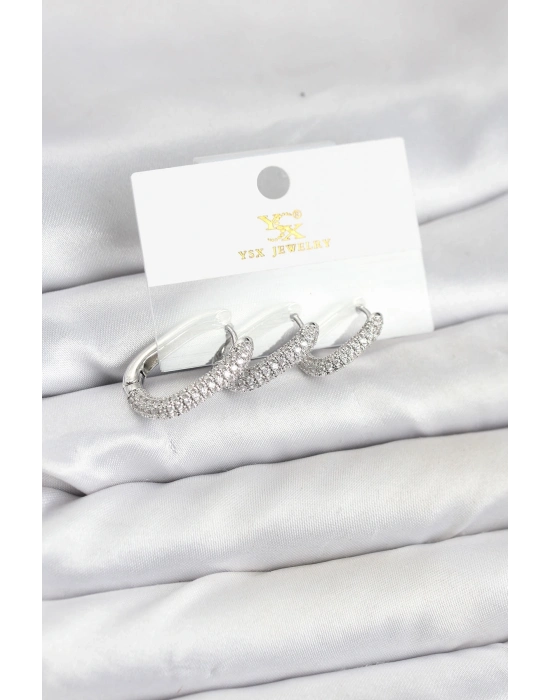 ® Pirinç Gümüş Renk Zirkon Taşlı Halka Model YSX Trio Küpe Seti
