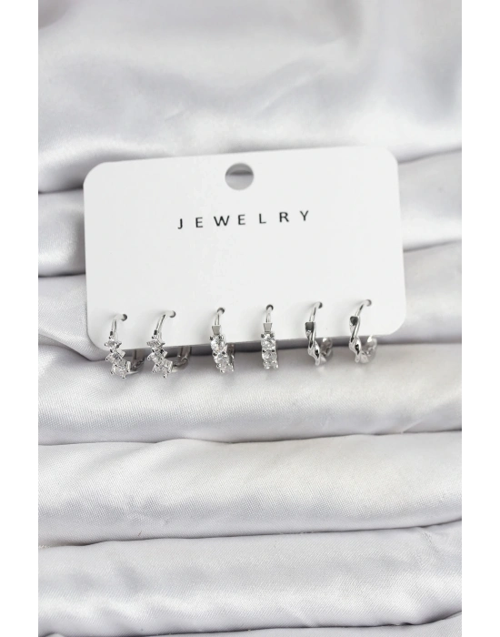 ® Pirinç Gümüş Renk Zirkon Taşlı Kadın Küpe Seti