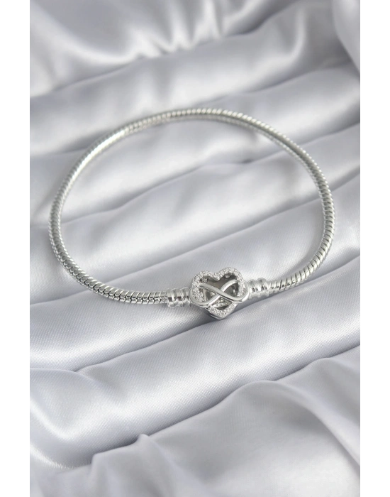 ® Pirinç Gümüş Renk Zirkon Taşlı Kalp Sonsuzluk Model Charm Kadın Bileklik
