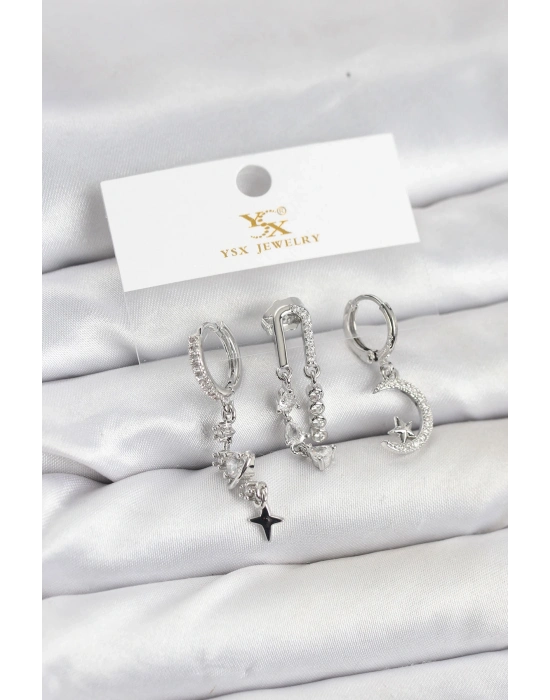 ® Pirinç Gümüş Renk Zirkon Taşlı Uzay Model YSX Trio Küpe Seti