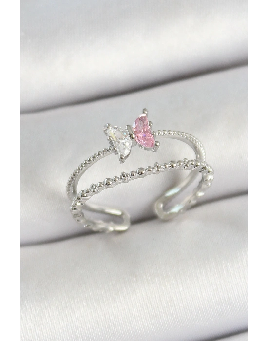 ® Pirinç Kelebek Figürlü Zirkon Taşlı Gümüş Renk Ayarlanabilir Kadın Yüzük