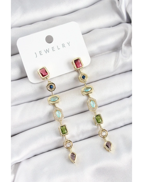 ® Pirinç Renkli Zirkon Taşlı Sallantılı Model Gold Renk Kadın Küpe