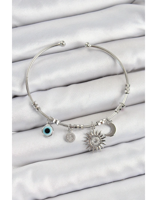 ® Pirinç Zirkon Taşlı Güneş Ay Ve Nazar Model Gümüş Renk Charm Bileklik