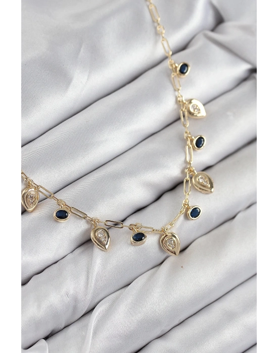 ® Pirinç Zirkon Taşlı Sallantılı Damla Model Gold Renk Kadın Kolye