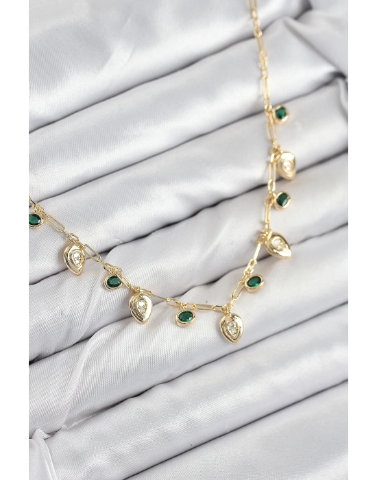 ® Pirinç Zirkon Taşlı Sallantılı Damla Model Gold Renk Kadın Kolye