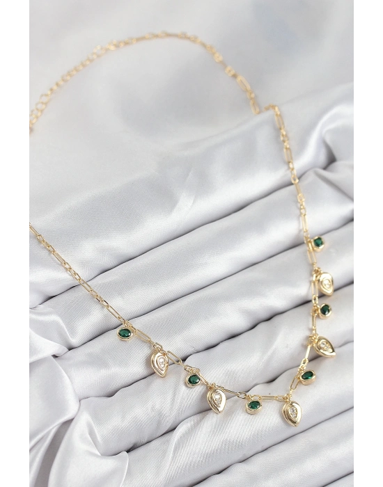 ® Pirinç Zirkon Taşlı Sallantılı Damla Model Gold Renk Kadın Kolye