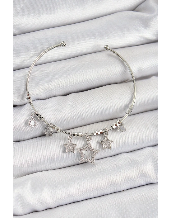 ® Pirinç Zirkon Taşlı Yıldız Model Gümüş Renk Charm Bileklik